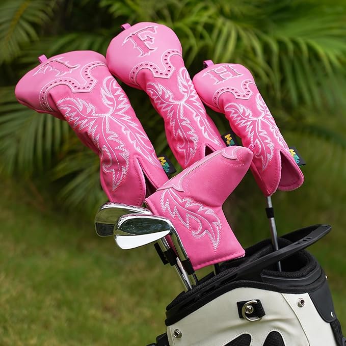 mytag Pink Golf Club Head Covers, Western Cowboy Retro Golf Headcovers with Patch & Embroidery Driver Fairway Wood Hybrids/Rescue Covers