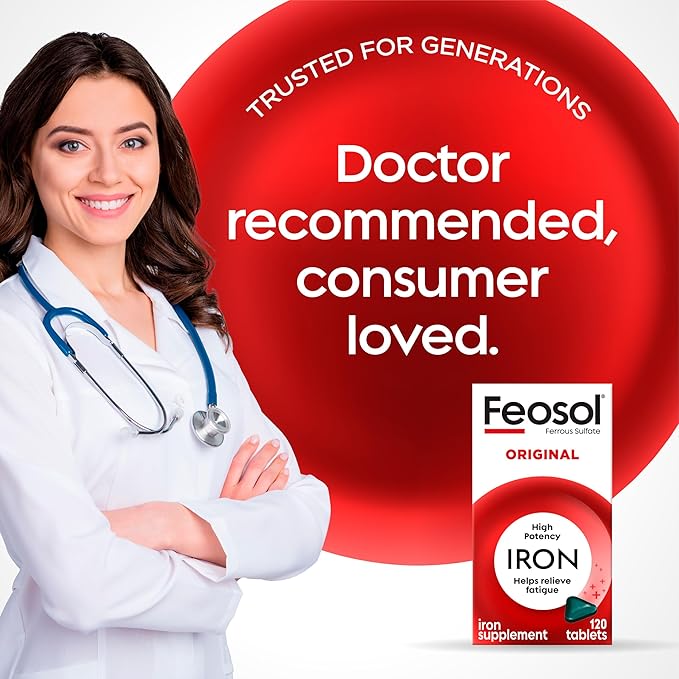 Feosol Original Iron Supplement Tablets, Non-heme, 325mg Ferrous Sulfate (65mg Elemental Iron) per Iron Pill, 1 Per Day, 120ct, 4 Month Supply, for Energy and Immune System Support, Made in USA