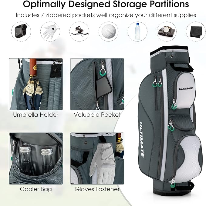 Tangkula Golf Cart Bag with 14 Way Top Dividers, Lightweight Golf Cart Bag with Shoulder Strap, 7 Zippered Pocket, Cooler Bag & Valuable Pocket, Portable Golf Club Bag with Rain Hood/Dust Cover
