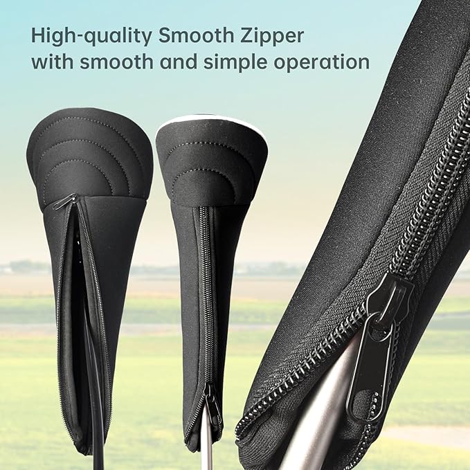 Golf Club Head Covers with Zipper - Balck Golf Club Covers for Woods and Driver Fairway Hybrids, Golf Accessories Headcovers Set