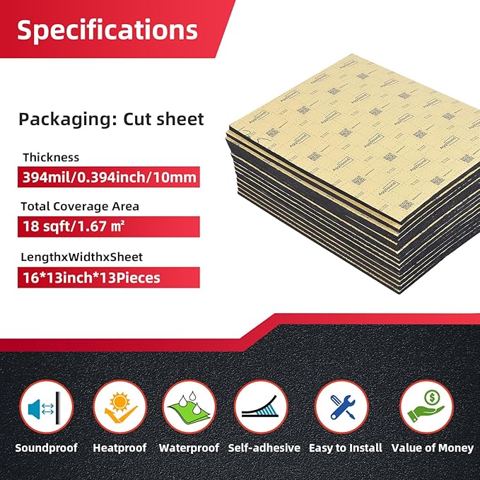 Sound Deadening Mat 394mil(10 mm) 18.47sqft - Closed Cell Foam Car Sound Deadening Material - Self-Adhesive Hood Insulation Heat Shield Auto Sound Dampening
