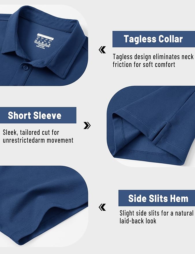 TACVASEN Mens Polo Shirts Short Sleeve Pique 3 Buttons Golf Polo Cooling Performance Moisture Wicking Shirt