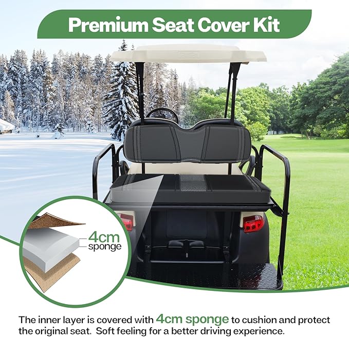 T TGBROS Golf Cart Seat Covers Fit for Yamaha Club Car EZGO Ordinary Front Rear Seat Cushion Waterproof Vinyl Leather Breathable Comfortable Replacement Black Seat Cover Anti-Scratch