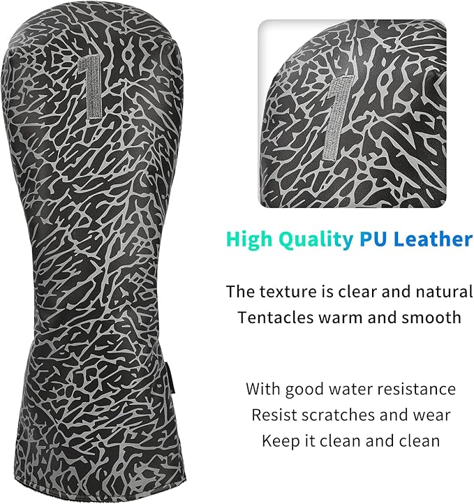 Golf Driver Head Covers 3-Pack for Men & Women - Premium PU Leather with Elephant Embroidery, Double Elastic Band (Driver/Fairway/Hybrid), Waterproof & Durable - White Grey or Black Grey