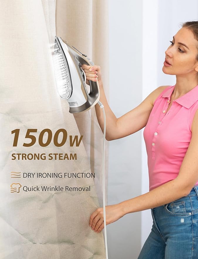 1500W Steam Iron for Clothes with 11.84oz Water Tank, 15-Second Fast Heat-Up, Ceramic Soleplate, Anti-Drip & Auto-Off, Burst of Steam & Self-Cleaning