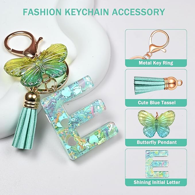 JINGUAZI Initial letter Keychains for Women Tassel Butterfly Pink Purple Cute Car Keychain for Wallet Backpack bag charm