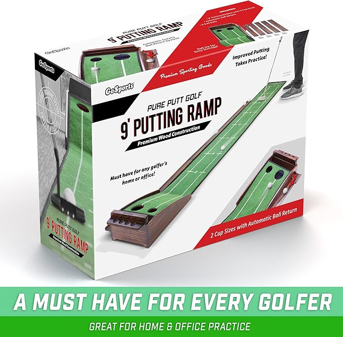 GoSports Pure Putt Golf 9 ft Putting Green Ramp - Black or Brown - Premium Wood Training Aid for Home & Office Putting Practice - Includes 4 Golf Balls
