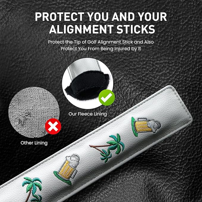 FINGER TEN Golf Alignment Stick Cover Headcover Rods Holder Case Leather 14''× 2'' in USA Black White Green Hold at Least 2 Sticks