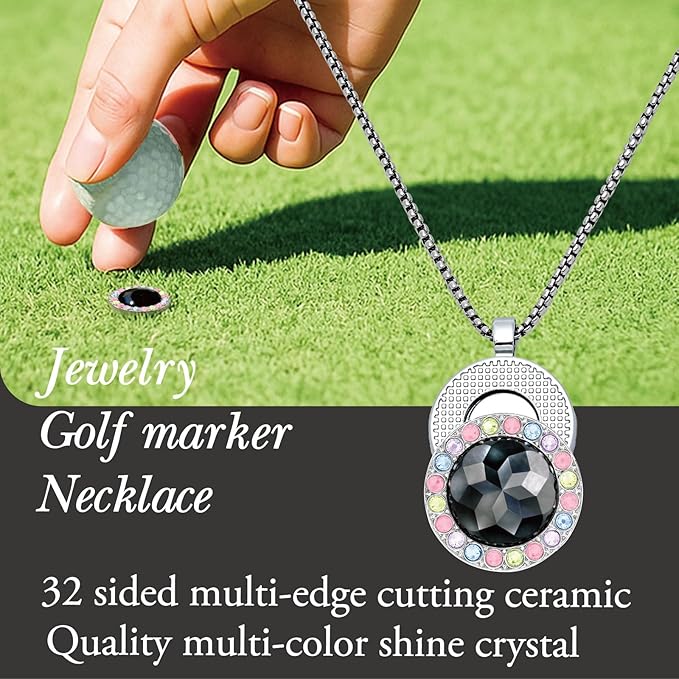 Golf Ball Marker with Ceramic Crystal Ball Marker Necklace (20mm Small Size) Gifts Accessories Women Golfers