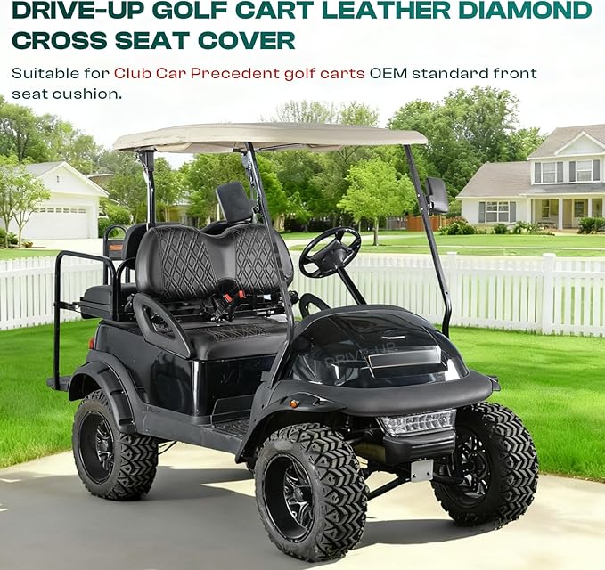 Drive-up Golf Cart Front Seat Covers Fit for Club Car Precedent, Waterproof Leather Club Car Seat Covers with Diamond Cross Pattern, Black PVC with Brown Stitching