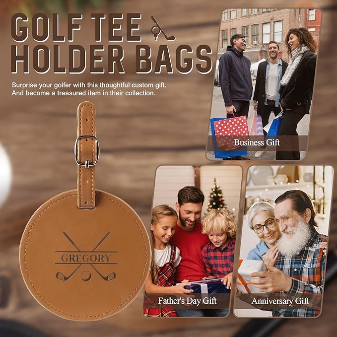 Personalized Golf Bag Tag with Tees Custom Name & Pattern Leather Golf Tee Holder with Gift for Dad