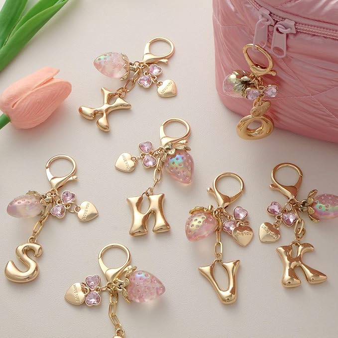 Snycler Bubble Initial Keychain with Strawberry & Bow- Gold Letter Bag Charms for Women, Cute Purse Handbag Accessories