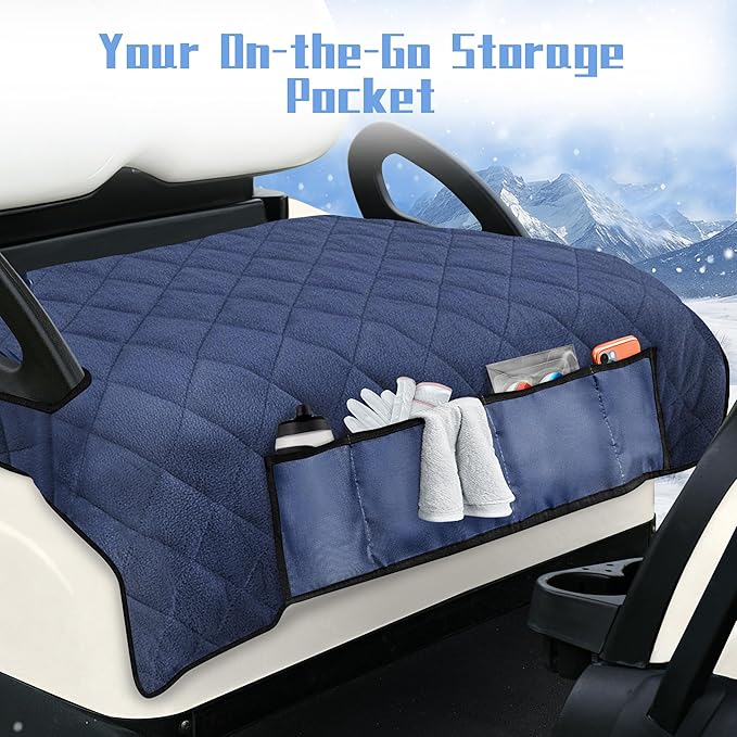 YOKYHOM Golf Cart Seat Covers with 4 Front Pockets, Thick and Non-Slip Golf Cart Seat Towel Blanket, Fits for EZGO, Yamaha, Club Car and More 2 Seats Golf Carts, Navy Blue