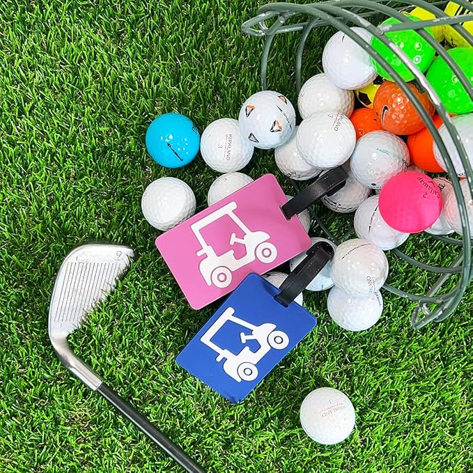 Golf Bag Tag – Golf Cart Magenta Design, Flexible & Waterproof Silicone Luggage Tag, Secure Strap for Bag Identification, Great Golf Gift for Players & Enthusiasts
