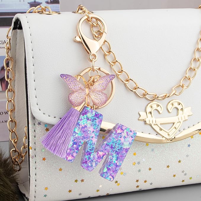 Suweibuke Colourful Cute Initial Letter Keychains for Women Girls with Tassel Butterfly, Charm for Purse Handbags Backpacks