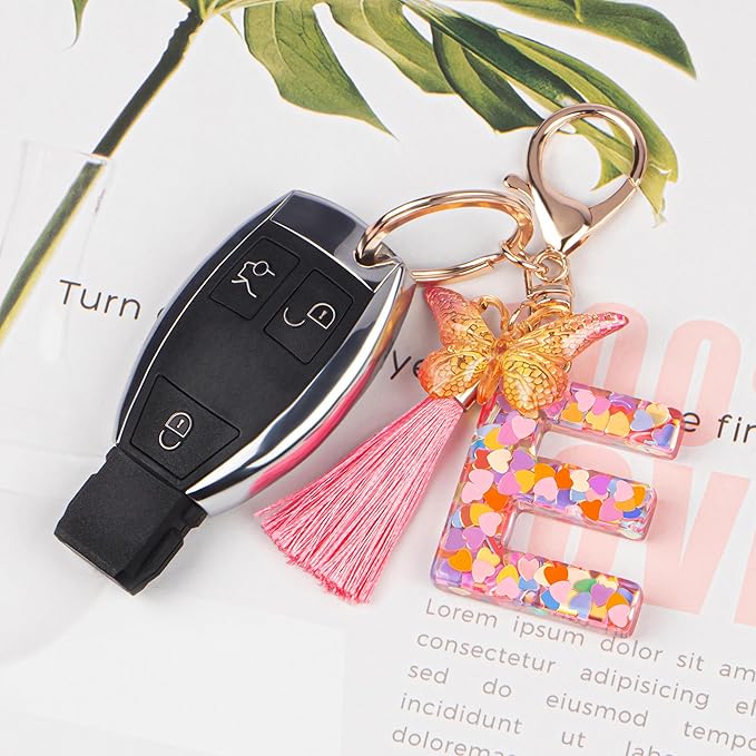 Suweibuke Colourful Cute Initial Letter Keychains for Women Girls with Tassel Butterfly, Charm for Purse Handbags Backpacks