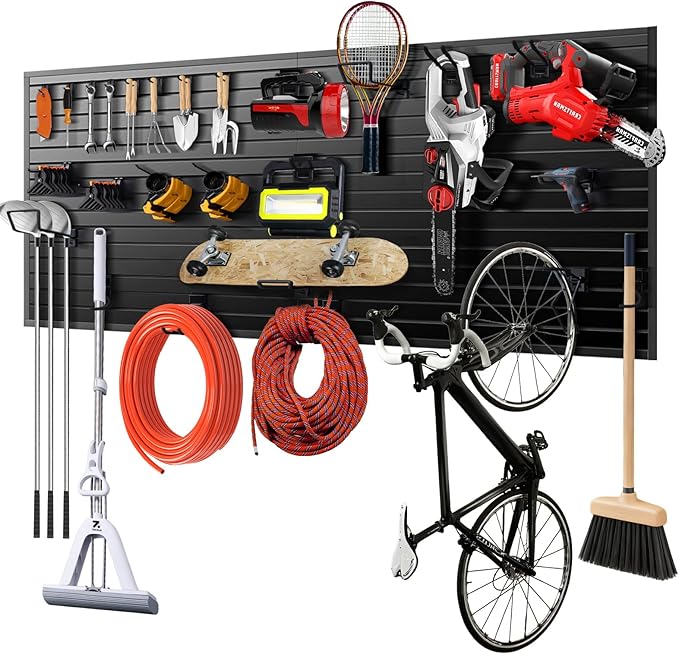 Slat Wall Panels 8x4 ft, Heavy-Duty PVC Garage Slatwall Panel with Trim & Screws, Interlocking Black Wall Panels, Garage Wall Organizer Slat Board PVC Wall Panel for Tools and Sports Equipment Storage