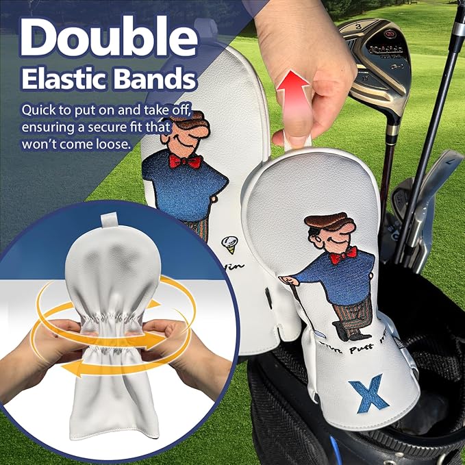 Golf Club Cover for Driver Fairway Wood Hybrid Mallet Putter Cover, Wootfairy Golf Club Headcovers Waterproof Leather White Accessories Compatible with Taylormade Odyssey and More Brand