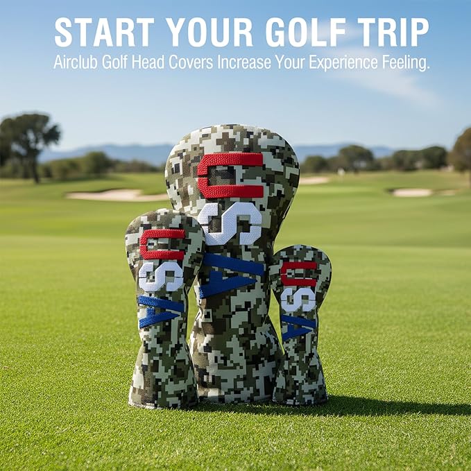 Golf Club Head Covers, Camouflage USA Design Golf Driver Covers, Fairway Wood and Hybrid Head Covers with Interchangeable Tags, Durable Canvas Material Golf Club Covers