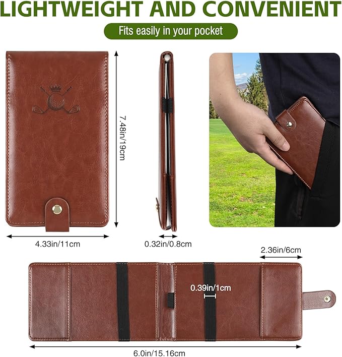 Archerest Magnetic Golf Scorecard Holder, 7.48" x 4.33" Premium Leather Yardage Book Cover Golf with A Pencil and Five Double Sided Printed Scorecards, Golf Accessories and Scorecard Book