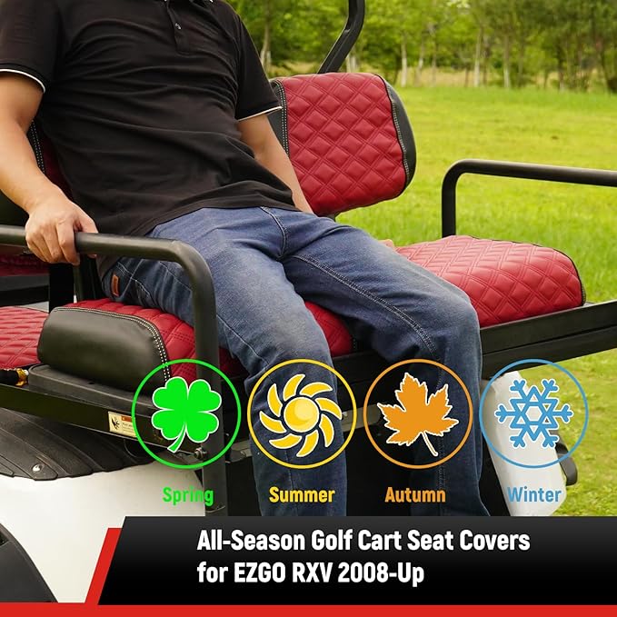 Golf Cart Front and Rear Seat Covers Waterproof and Sun Resistant Marine Grade Vinyl Leather Seat Cover Accessories for EZGO RXV 2008+, Deep Red(4PCS)