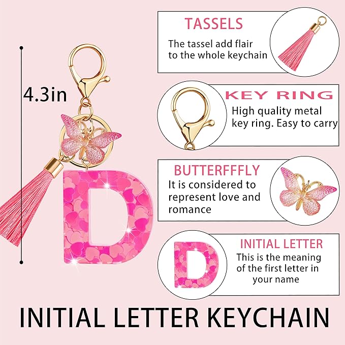Suweibuke Colourful Cute Initial Letter Keychains for Women Girls with Tassel Butterfly, Charm for Purse Handbags Backpacks
