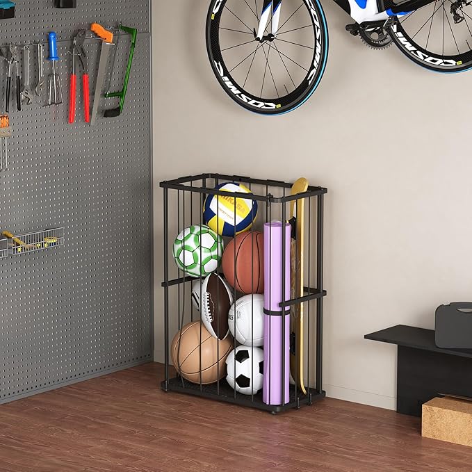 Garage Ball Storage Wall-Mounted & Floor Sports Equipment Organizer: Sports Ball Rack with Elastic Rope, Holder for Basketball, Soccer, Volleyball, Football, Garage, Gym, Black(Patent Pending)
