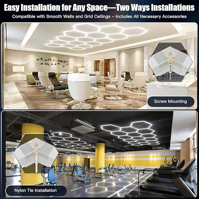 JTT Hexagon Garage Lights, 200W 20000LM 5 Grids 25Pack LED Garage Hexagon Lights, 6500K Super Bright Car Detailing Ceiling LED Shop Light for Warehouse Workshop Gym Basement Car Care Wash Room