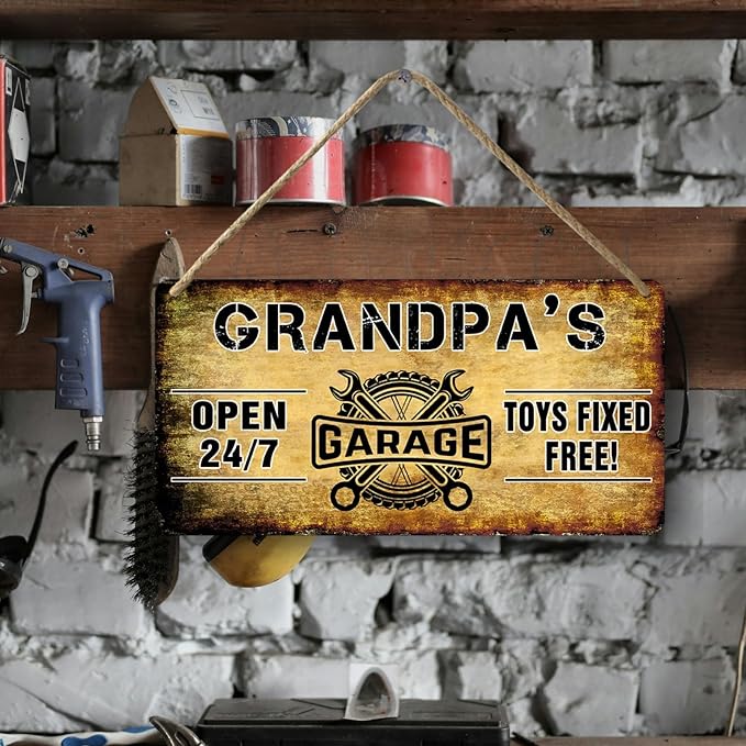 Grandpa's Garage Wooden Sign - Papa's Fix It Shop Vintage Mechanic Sign - Toys Fixed For Free - Woodworking Gift for Grandpa - 6x12 Inch