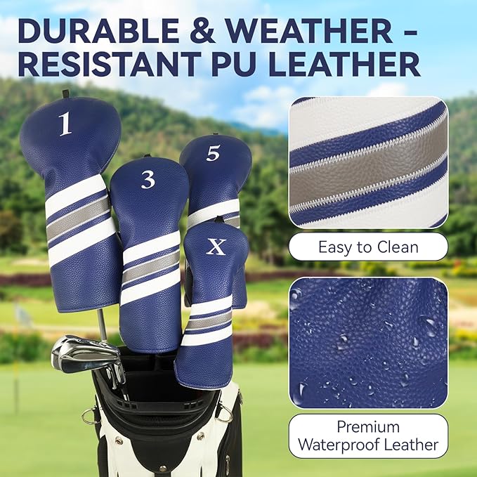 Golf Club Covers, 4pcs or 1pc Golf Head Covers for Woods, Driver, Fairway, Hybrid - Premium PU Leather Golf Club Head Cover with Interchangeable Tags