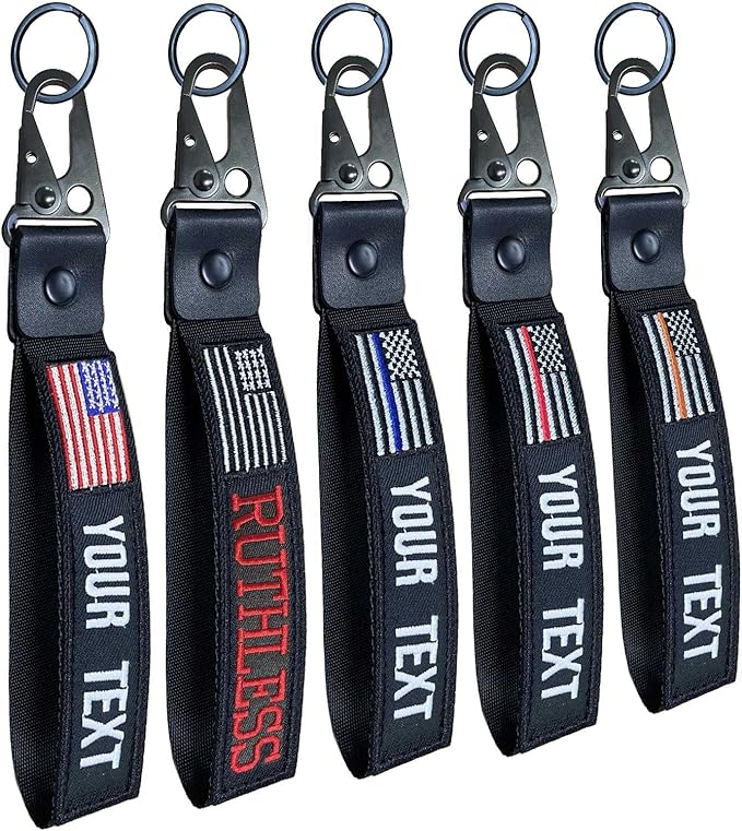 Custom Keychain,Personalized Key Tag Embroidery USA Flag Name with Key Ring Car Key Chain Clip Nylon Webbing Buckle