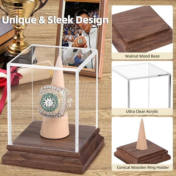 Championship Ring Display Case Baseball Softball Football Ring Holder Wanult Wood Base Acrylic Sports Ring Display Case Stand for Men Wooden Ring Box for Women Memorabilia Showcase Cube Collectibles