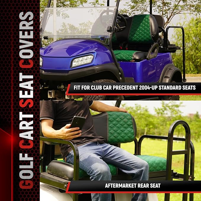 Golf Cart Front and Rear Seat Covers Waterproof and Sun Resistant Marine Grade Vinyl Leather Seat Cover Accessories for Club Car Precedent 2004+, Green(4PCS)