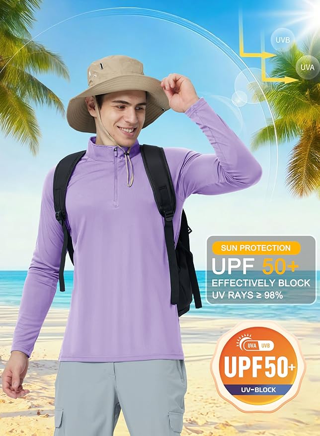 CRYSULLY Men's Long Sleeve 1/4 Zip Shirts Sun Protection Pullover UPF 50+ Rash Guard Running Lightweight T Shirt
