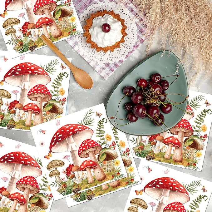 Mushroom Party Napkins Decorations, 50PCS Forest Mushroom Theme Decor, Fairy Tale Party Disposable Paper Napkins Set Supplies Size 6.5 Inch