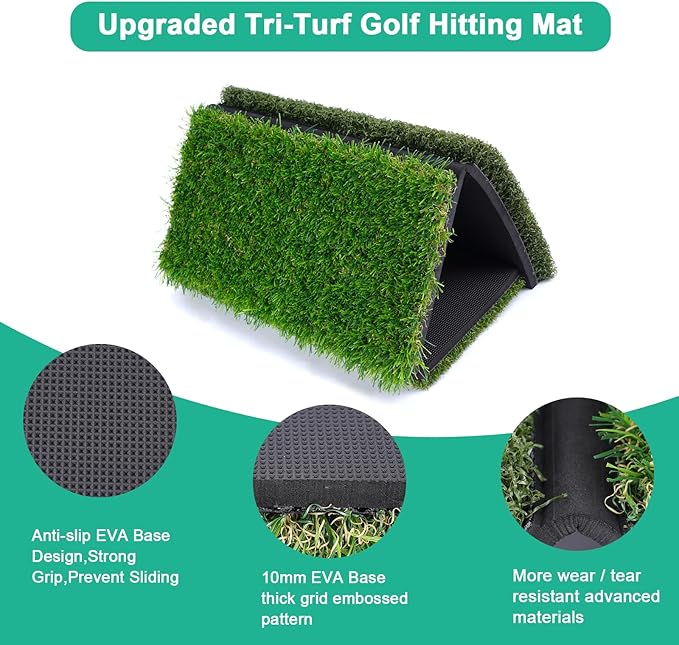 Golf Hitting Mat 24"x16" | 24"x24" Tri-Turf Golf Practice Mat Outdoor Indoor Portable Training Matt Traint Aid Batting Turf Matt for Chipping, Driving and Full Swing Practice