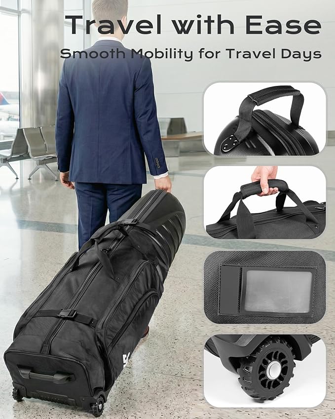 Golf Travel Bag with Hard Shell ABS Top - 1680D Heavy Duty Oxford Foldable Golf Club Travel Cover Case for Airlines with Wheels, Lockable Zippers & Reinforced Base