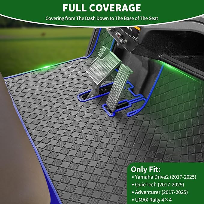Golf Cart Floor Liner Mat 8mm Thick Rubber Full Coverage Fit for 2017-2025 Yamaha Drive2, QuieTech, Adventurer, UMAX Rally 4x4 Non-Slip Mats Replacement - Blue Trim