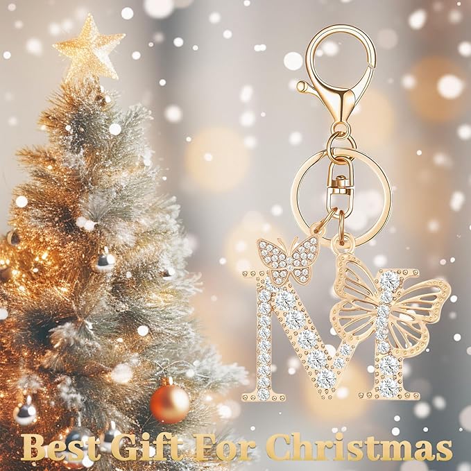 Gold Plated Alphabet Initial Letter Keyring Keychain for Women Girls Crystal Key Chains for Wallet Backpack Bag Charm