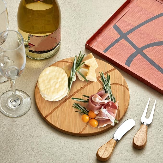 Basketball Cheese Board Gift Set Party Favor Prizes Charcuterie Wood Board with Knives and Box Father Day Gift for Dad Grandpa Party Tournament Game(7.9"x 7.9", Bamboo Color)