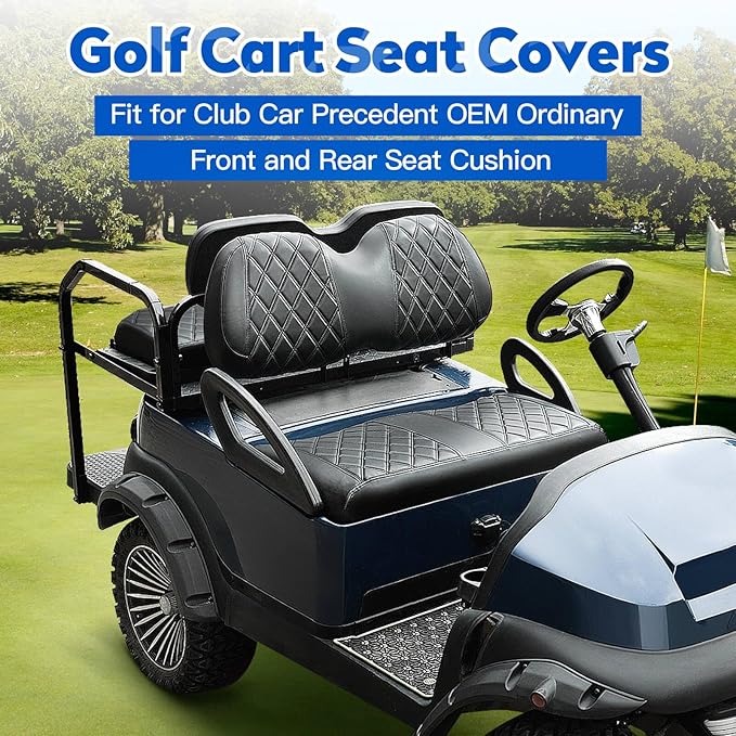 NOKINS 4PCS Golf Cart Seat Covers Kit, Front and Rear Seat Covers Fits Club Car Precedent Standard Seat Cushion, Club Car Vinyl Seat Covers Accessories, No Staples(Black&Black Stitch)