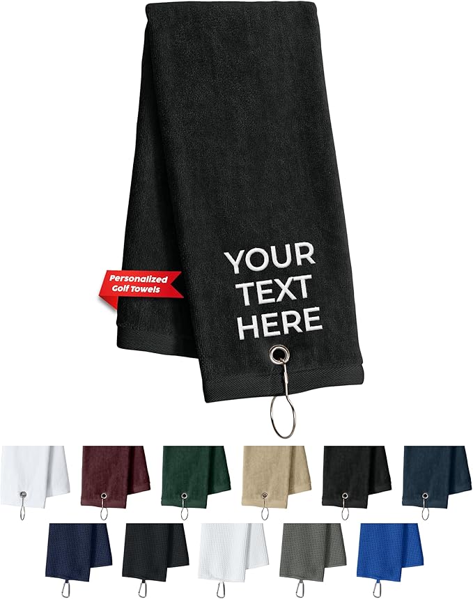 Custom Golf Towel for Golf Bags, Balls - Add Your Embroidered Name - Personalized Trifold Golf Bag Towels with Clip, for Men and Women