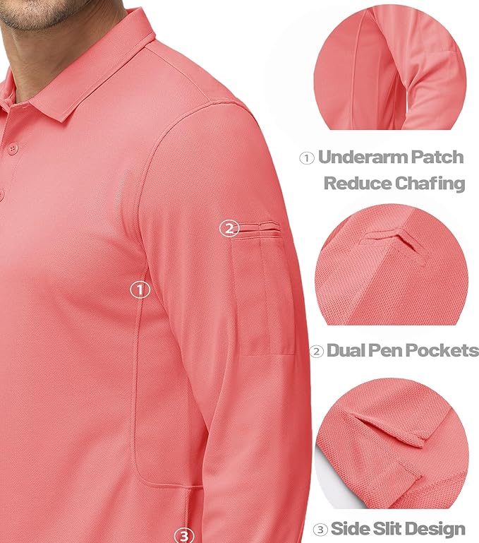 MAGCOMSEN Men's Polo Shirts 3 Button Quick Dry Performance Long Sleeve Tactical Shirts Pique Jersey Golf Shirt