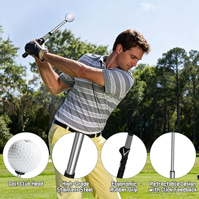 Retractable Golf Swing Trainer, Golf Grip Training Aid for Strength & Tempo Practice – Click Feedback Stick for Chipping & Hitting, Portable Warm-Up Trainer for Beginners Indoor/Outdoor