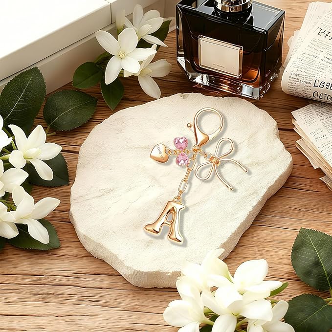 Gold Bubble Initial Keychain with Bow Decoration Bag Charms for Women, Cute Purse Handbag Accessories Gift