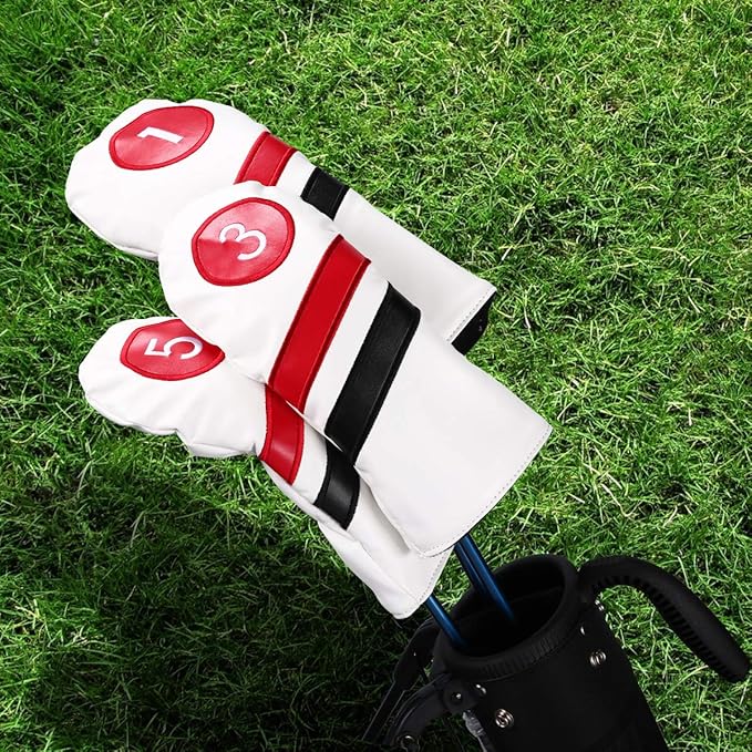 Golf Head Covers 3pcs Set, Driver Fairway Wood Headcovers, Vintage PU Headcovers for Golf Club