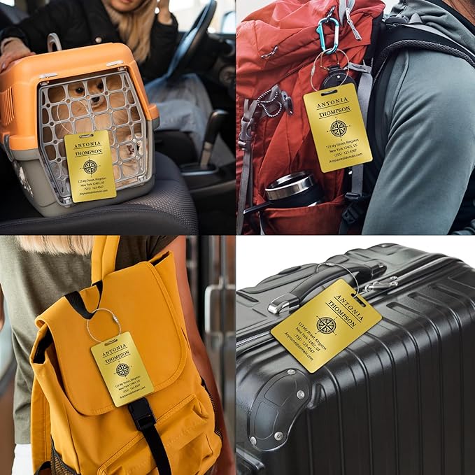 Custom Stainless Steel Luggage Tags (2 Pack) - Personalized Laser Engraved Luggage Tag, Waterproof Durable, for Bags, Backpack Travel, Suitcases (Gold)