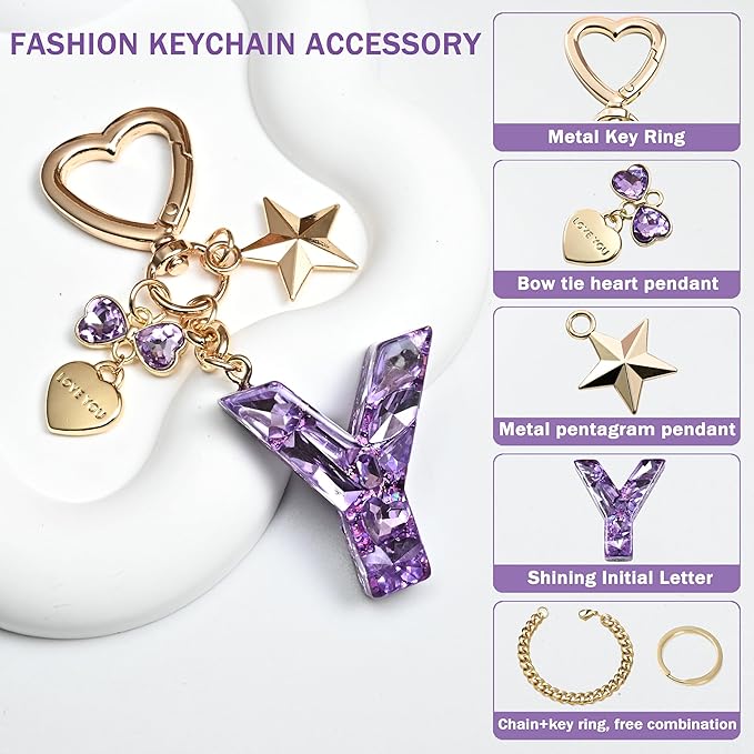 Cute Bling Keychain initial Letter Butterfly Star Pink Purple Gift for Women Girls Bag Cup Charms Accessories