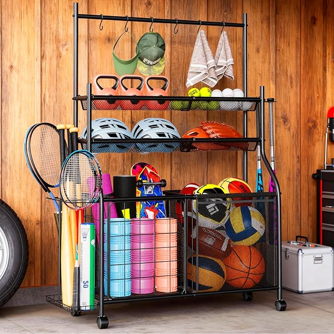 Large Sports Organizer for Garage, Ball Storage Rack Garage Sports Equipment Organizer with Side Racks, Baskets, Hooks, Multi-Purpose Golf Gear Storage for Gym Indoor Outdoor