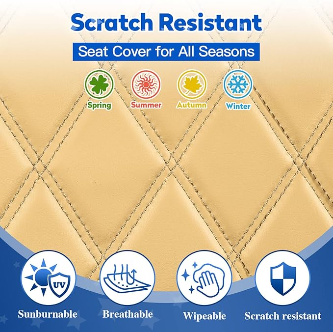 NOKINS 4PCS Golf Cart Diamond Seat Covers Kit, Front&Rear Seat Covers Fits EZGO TXT 1994-2013/EZGO RXV Standard Seat Cushion, EZGO Vinyl Seat Cover Accessories, No Staples (Tan)